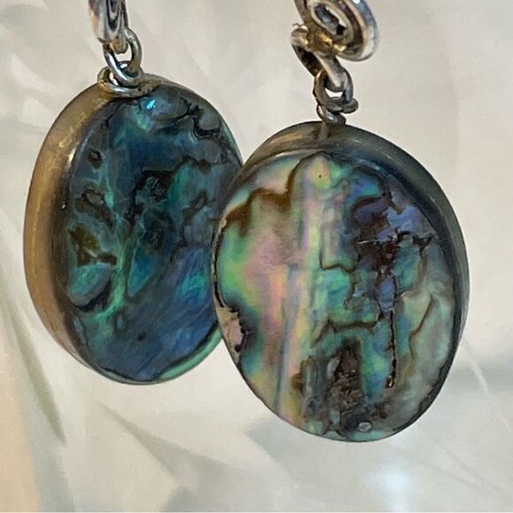 Mother of Pearl oval ellipse sterling silver drop earrings - Picture 2 of 8